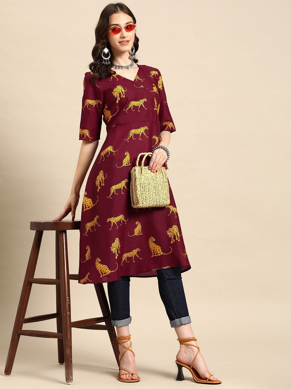 Sangria Animal Print Angrakha Kurta | Grocsy