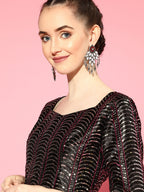 Saree Mall Burgundy Striped Poly Georgette Party Wear Saree with Matching Blouse | Grocsy