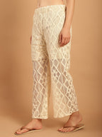 TAG 7 Women Geometric Self Design Sheer With Half Lining Crochet Wide Leg Palazzos | Grocsy