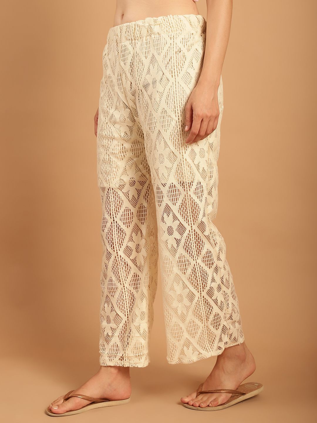 TAG 7 Women Geometric Self Design Sheer With Half Lining Crochet Wide Leg Palazzos | Grocsy