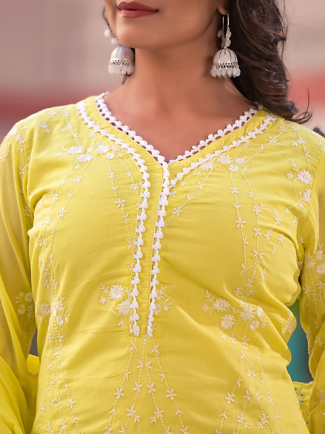 Sangria Yellow Embroidered Pure Cotton Straight Kurta With Trouser & Dupatta | Grocsy