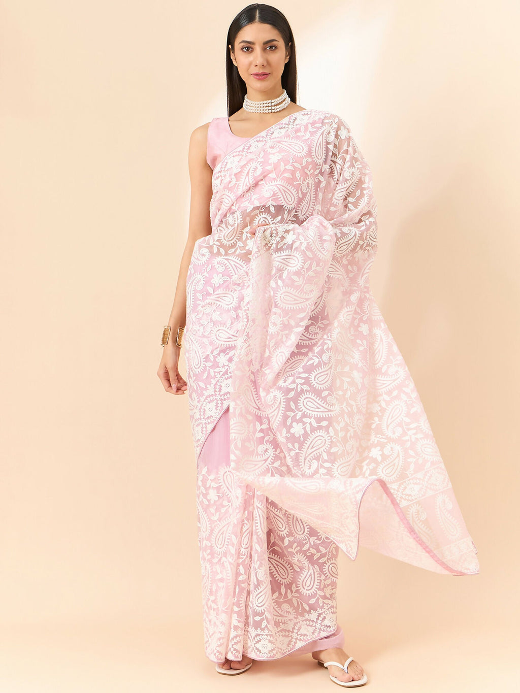 Purple Organza Paisely Embroidered Saree with Unstitched Blouse Piece - Roozal | Grocsy