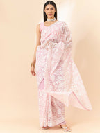 Purple Organza Paisely Embroidered Saree with Unstitched Blouse Piece - Roozal | Grocsy