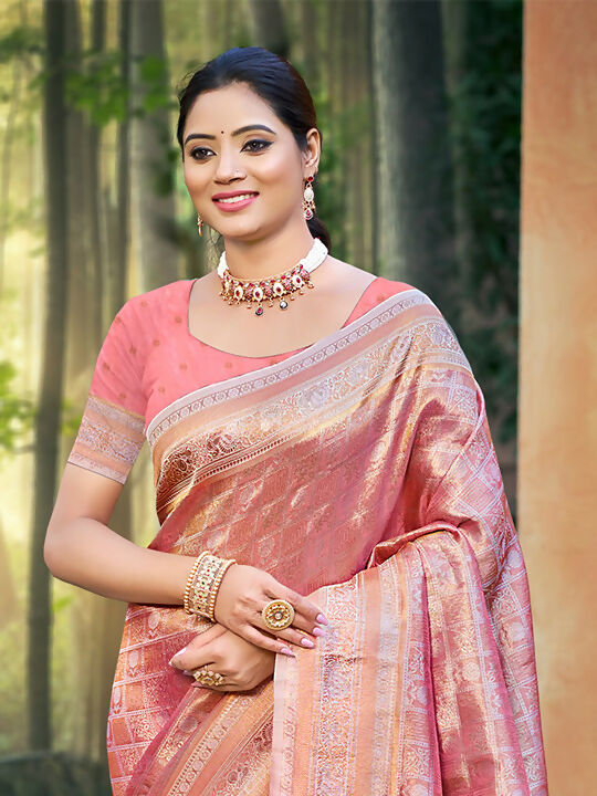 Sangam Prints Pastel Pink Kanjivaram Silk Woven Work Traditional Saree | Grocsy
