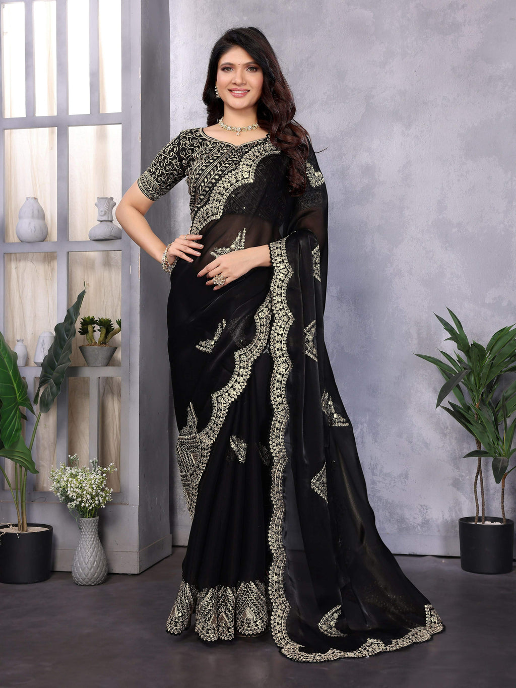 Vastranavya Black Embroidery Work Shimmer Chiffon Saree with Unstitched Blouse | Grocsy