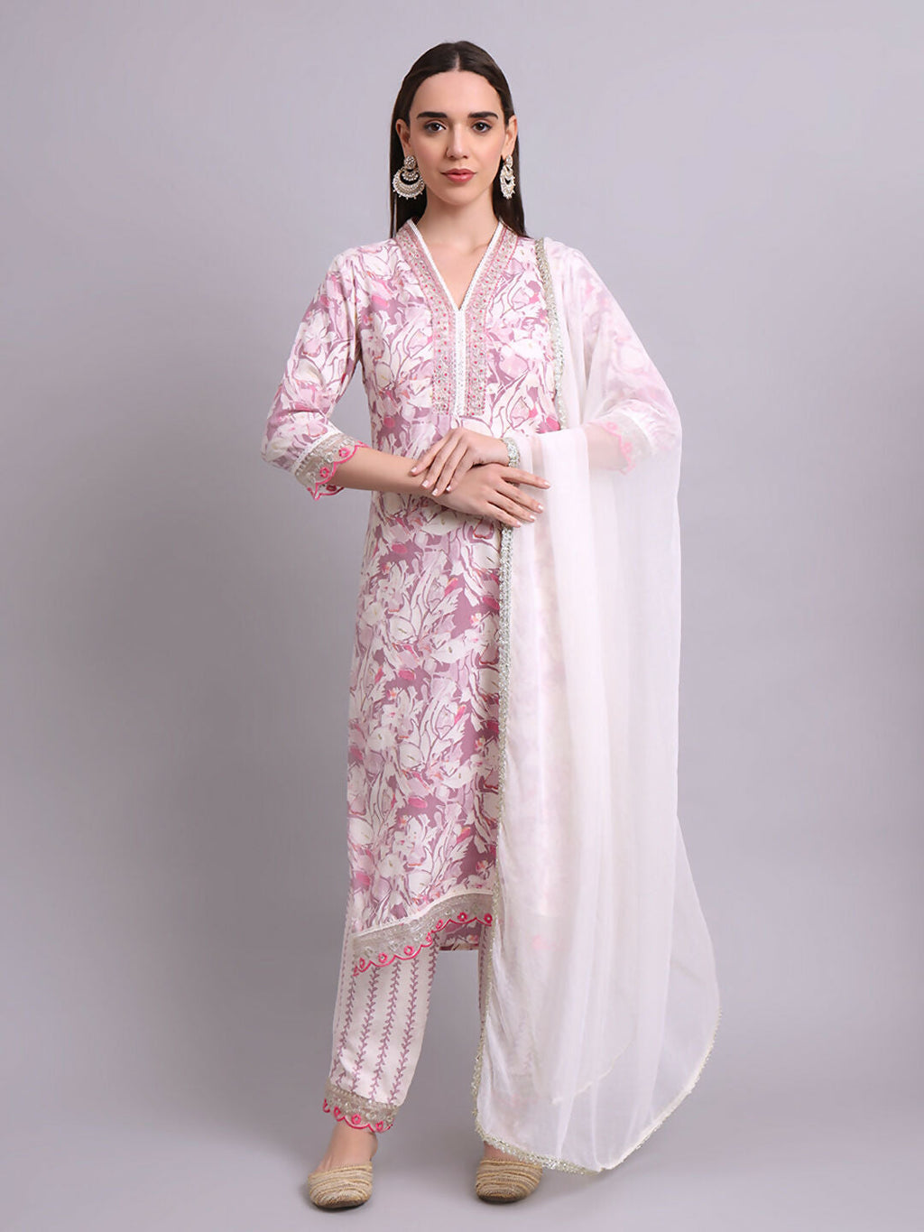 Joban Fashion Off White Cotton Floral Printed & Embroidery Work Kurta With Trousers & Dupatta Set | Grocsy