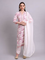 Joban Fashion Off White Cotton Floral Printed & Embroidery Work Kurta With Trousers & Dupatta Set | Grocsy