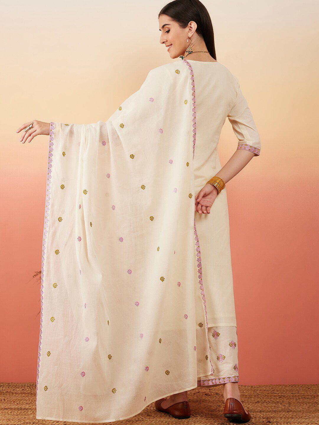 Sangria Floral Embroidered Pure Cotton Straight Kurta With Palazzo & Dupatta | Grocsy