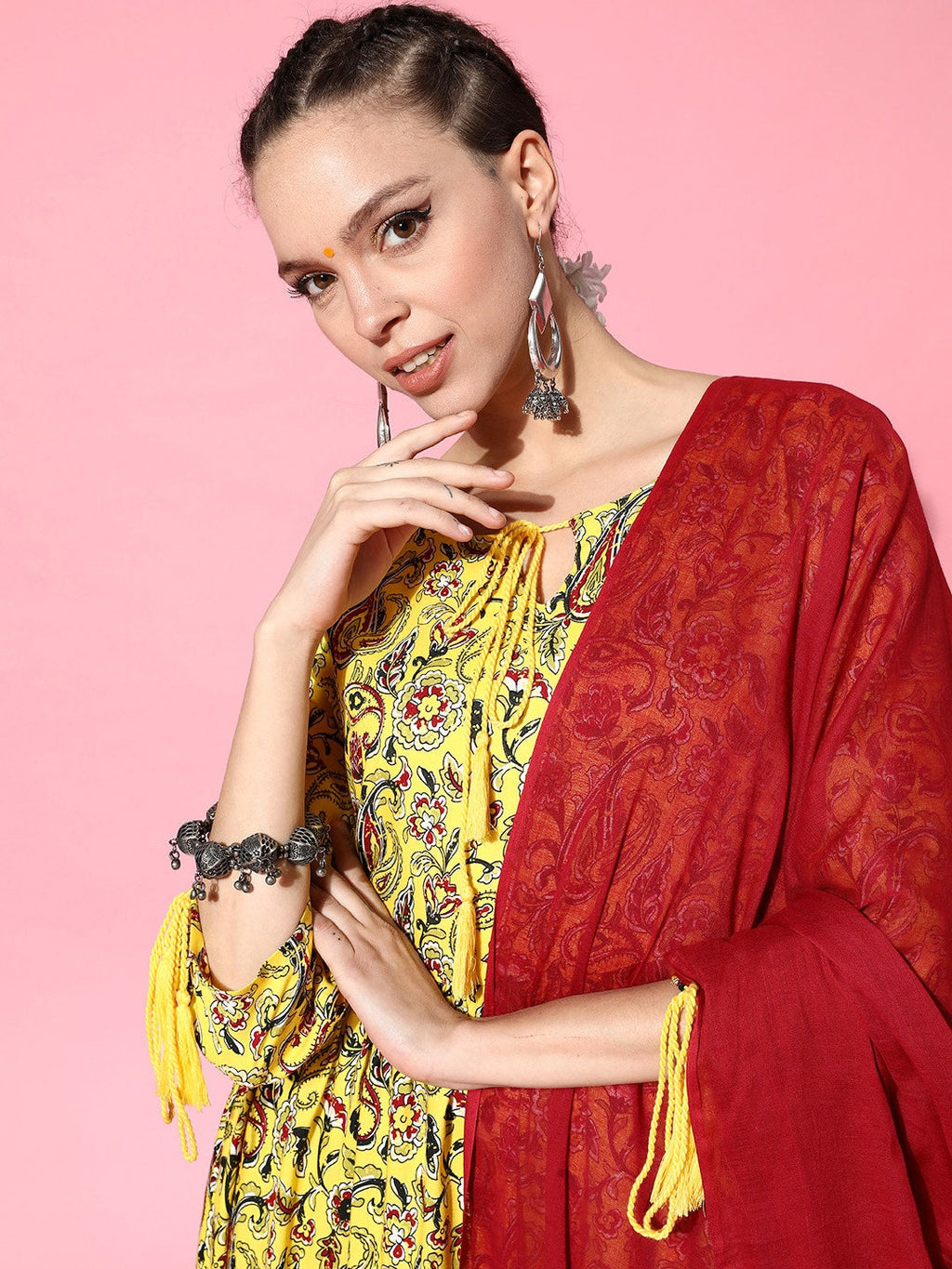 HERE&NOW Yellow & Red Ethnic Motifs Print Parade Anarkali Kurta with Trousers & Dupatta | Grocsy