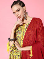 HERE&NOW Yellow & Red Ethnic Motifs Print Parade Anarkali Kurta with Trousers & Dupatta | Grocsy