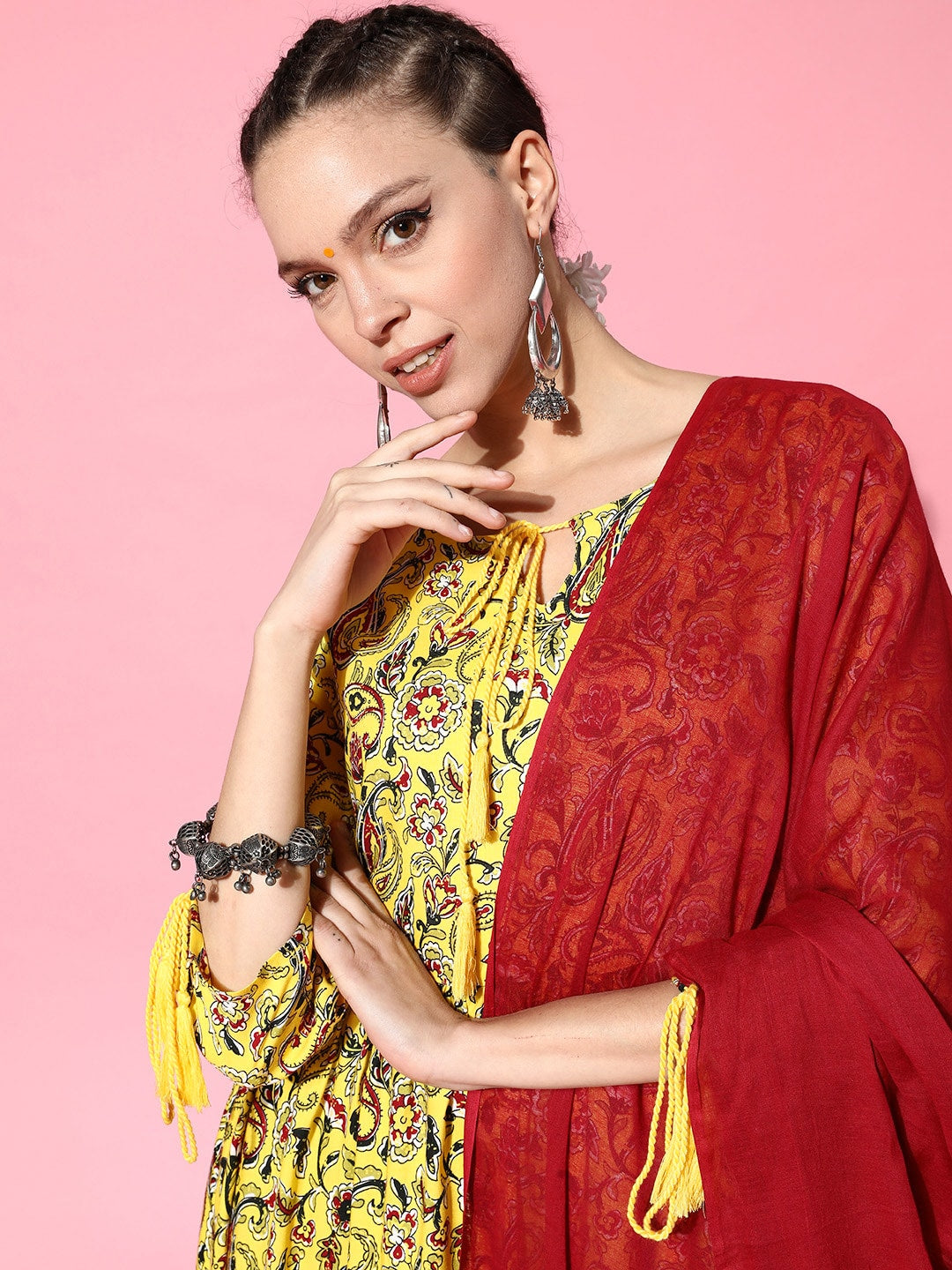HERE&NOW Yellow & Red Ethnic Motifs Print Parade Anarkali Kurta with Trousers & Dupatta | Grocsy