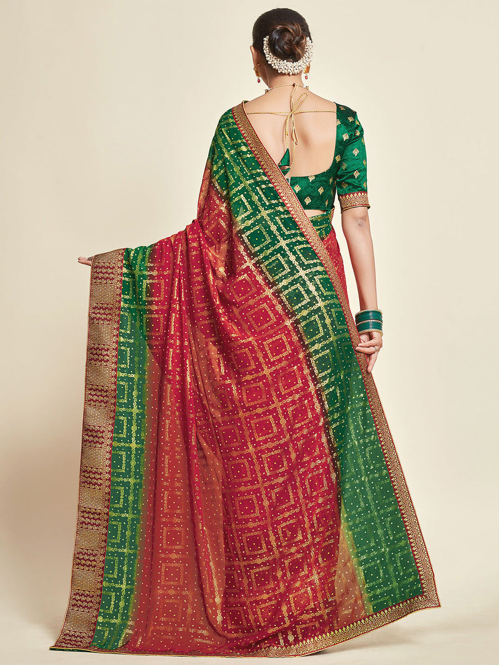 Sangria Red & Green Woven Design Zari Poly Georgette Bandhani Saree | Grocsy