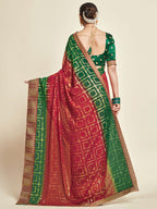 Sangria Red & Green Woven Design Zari Poly Georgette Bandhani Saree | Grocsy