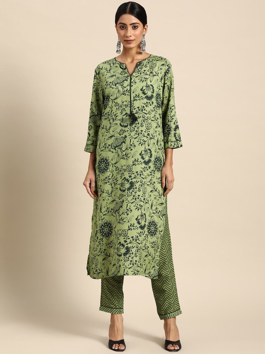 All About You Women Green Ethnic Motifs Printed Kurta with Trousers | Grocsy