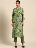 All About You Women Green Ethnic Motifs Printed Kurta with Trousers | Grocsy