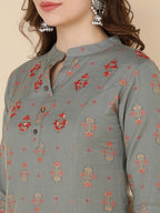 HERE&NOW Women Grey Ethnic Motifs Printed Gotta Patti Kurta with Trouser & Dupatta | Grocsy