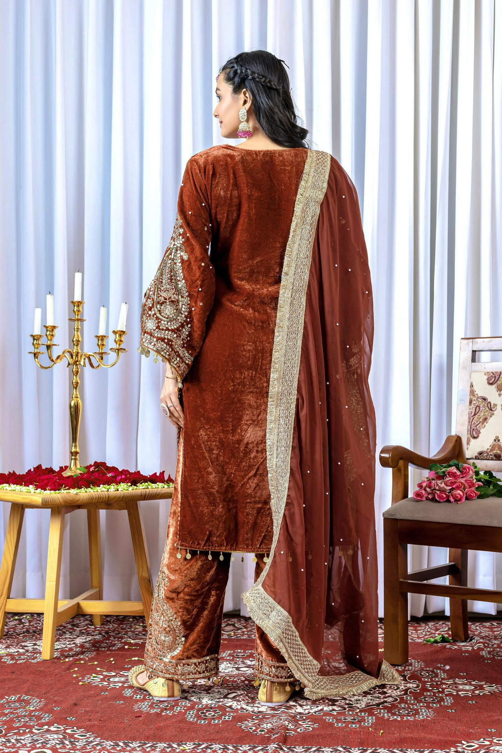 Joban Fashion Rust Brown Velvet Embroidery Kurta Set | Grocsy