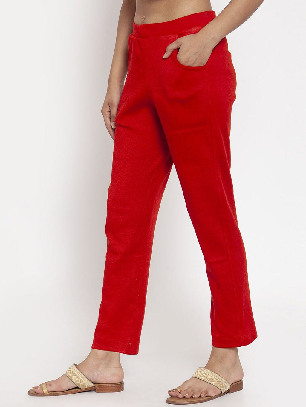 TAG 7 Women Red Solid Ankle-Length Woolen Pants | Grocsy