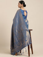 Saree Mall Navy Blue Ethnic Motifs Zari Silk Blend Banarasi Saree | Grocsy