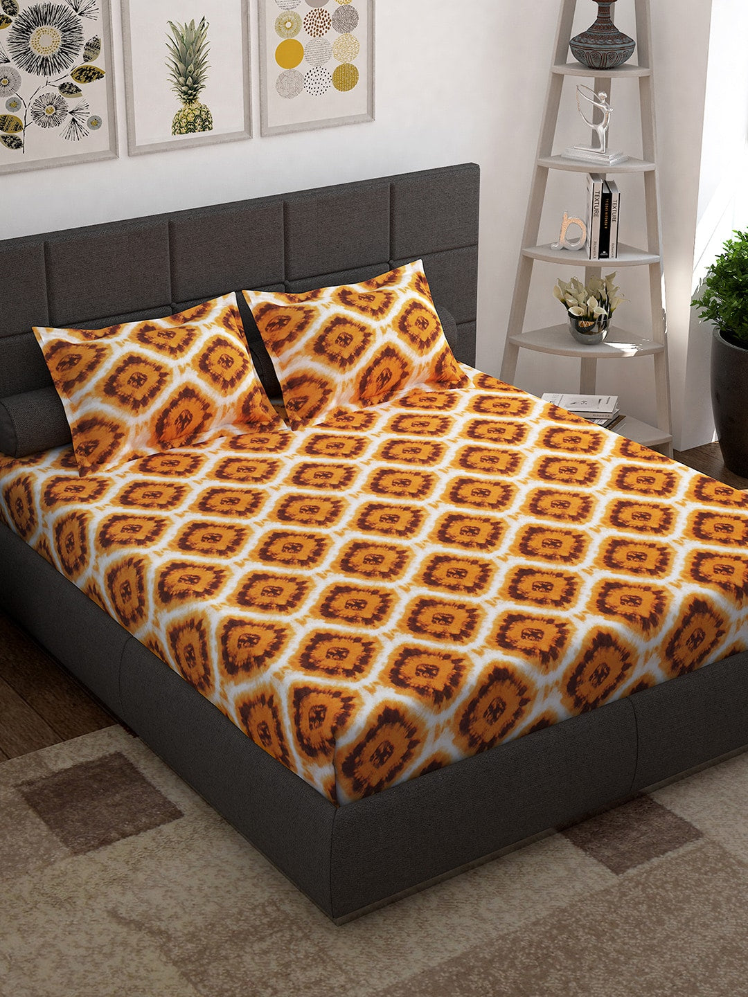 Story@home Unisex Yellow Geometric Cotton 152 TC 1 King Size Bedsheet with 2 Pillow Covers | Grocsy