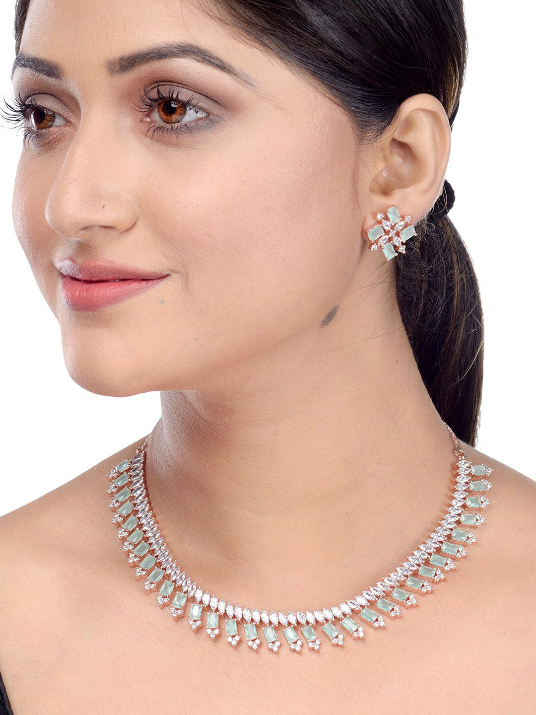 Saraf RS Jewellery Sea Green & Rose Gold-Polished American Diamond Studded Jewellery Set | Grocsy
