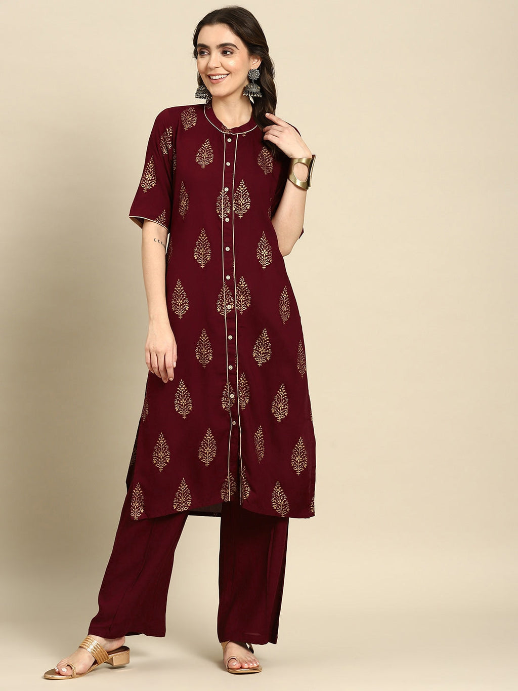 Sangria Ethnic Motifs Printed Pure Cotton Kurta With Palazzos | Grocsy