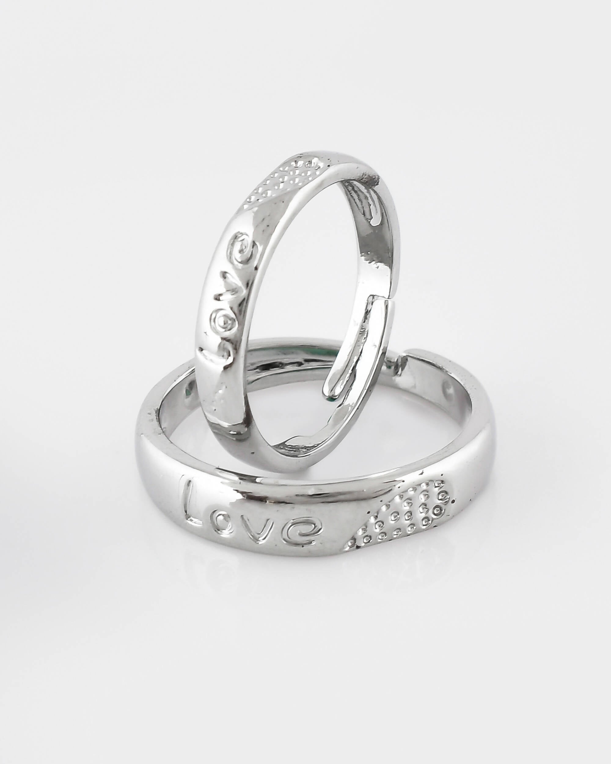 VOJ Stainless Steel Cubic Zirconia Silver Plated Adjustable Ring Set for Couple | Grocsy