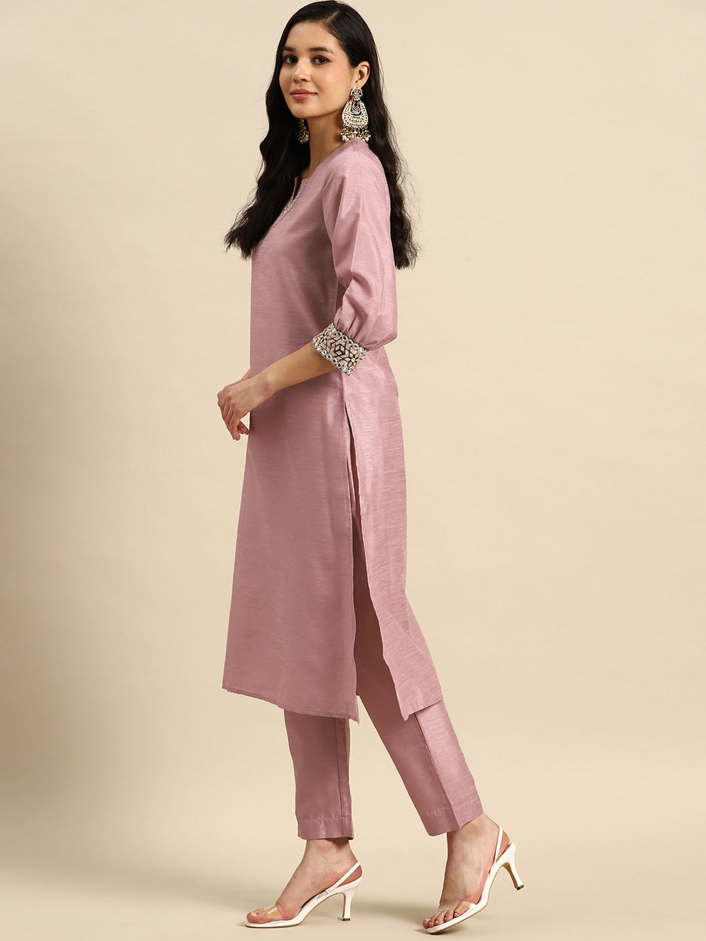Sangria Embroidered Regular Mirror Work Kurta with Trousers | Grocsy