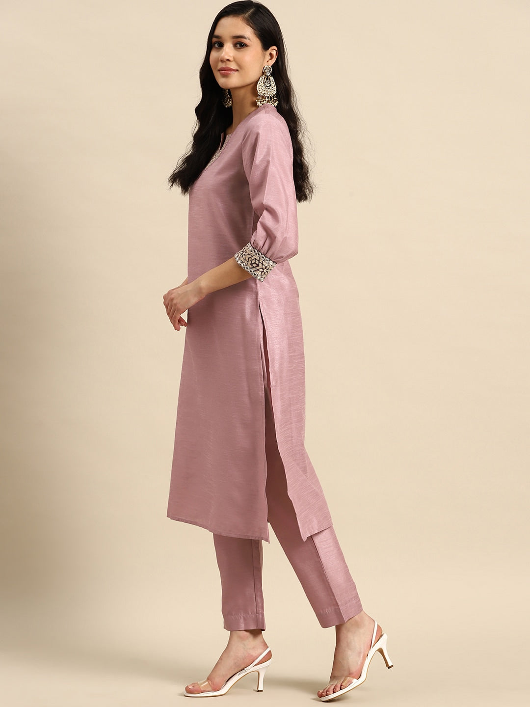 Sangria Embroidered Regular Mirror Work Kurta with Trousers | Grocsy