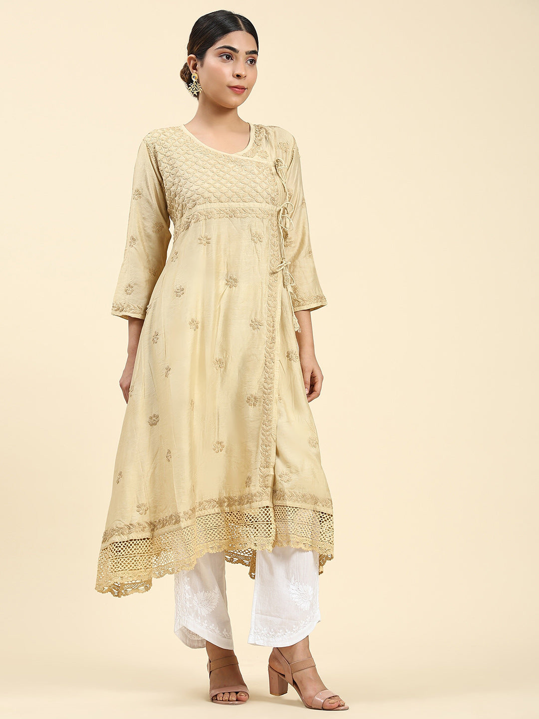 HOUSE OF KARI Embroidered Chikankari Chanderi Silk Anarkali Kurta | Grocsy