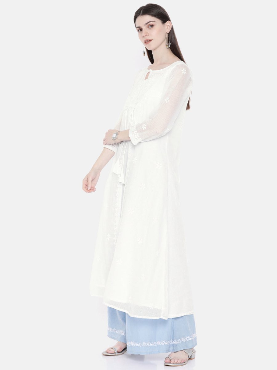 ADA Women White Embroidered Layered A-Line Chikankari Sustainable Kota Handloom Kurta | Grocsy
