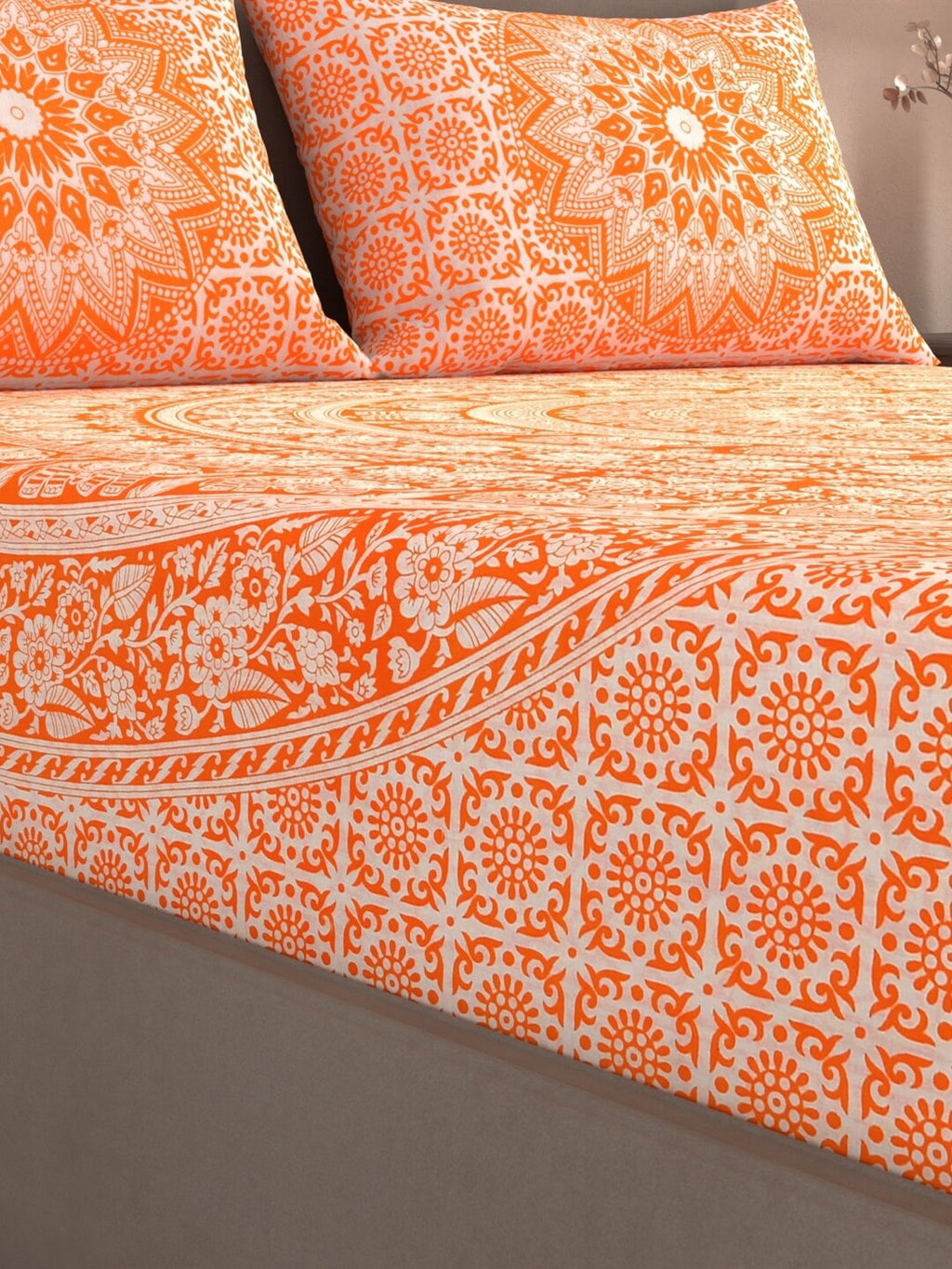 Varde Orange & White Ethnic Motifs Cotton 210 TC King Bedsheet With 2 Pillow Covers | Grocsy