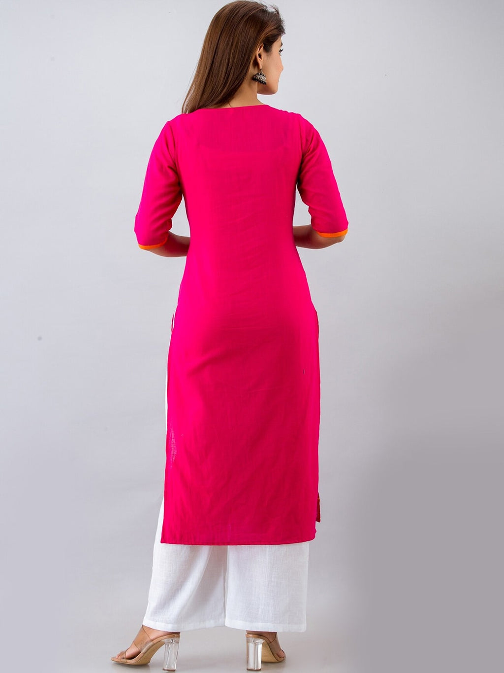 HERE&NOW Pink & White Geometric Embroidered Mirror Work Kurta with Palazzos | Grocsy