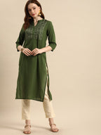 All About You Women Olive Green Geometric Yoke Design Pure Cotton Kurta | Grocsy