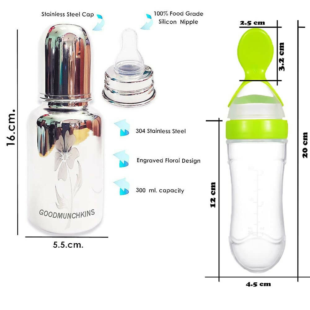 Goodmunchkins Stainless Steel Feeding Bottle, Food Feeder & Fruit Feeder Combo for Baby-(Green-Yellow, 300ml) | Grocsy