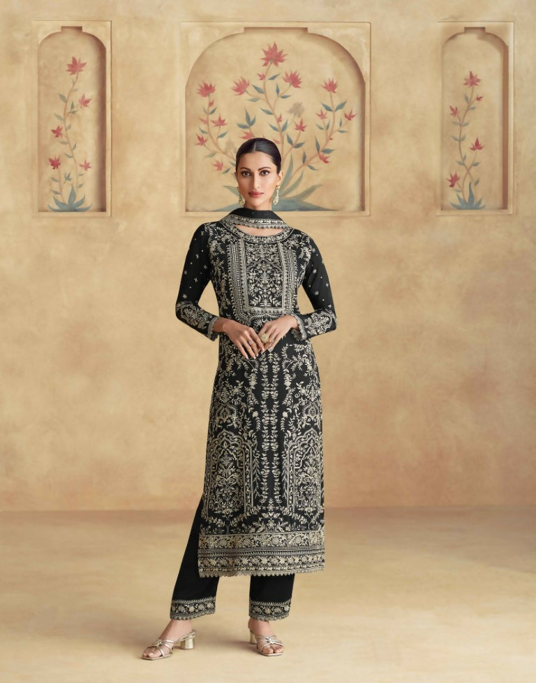 Vastranavya Black Chinon Silk Embroidered Sequins Pakistani Straight Pant Suit | Grocsy