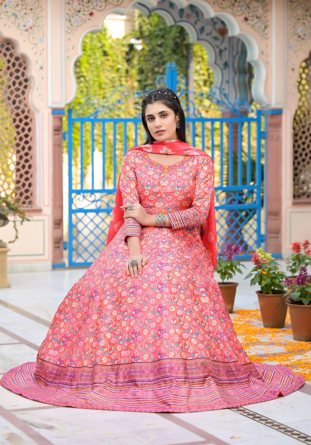 Functional Designer Red-Orange Dola Silk Anarkali suit with Dupatta - Ramya | Grocsy
