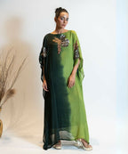 Timaraa Forest Green Ombre Embellished Georgette Kaftan Dress | Grocsy