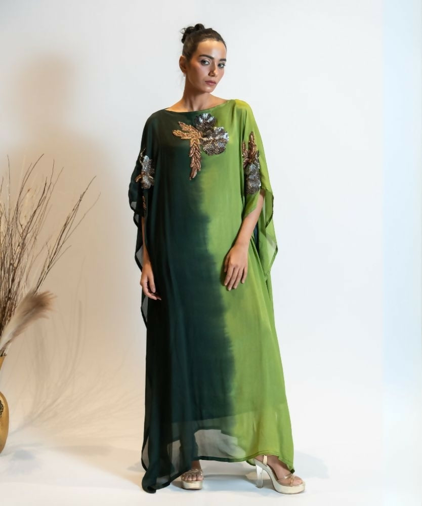 Timaraa Forest Green Ombre Embellished Georgette Kaftan Dress | Grocsy