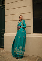 Pacific Blue Weavead Thread & Zari Work, Handloom Weaving Banarasi Satin Silk Saree - Rajtex Kronicle Silk | Grocsy