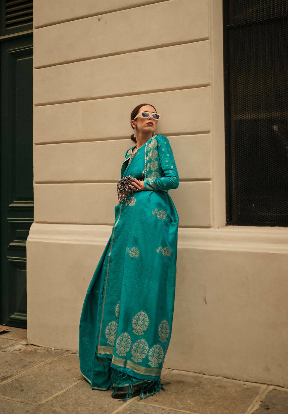 Pacific Blue Weavead Thread & Zari Work, Handloom Weaving Banarasi Satin Silk Saree - Rajtex Kronicle Silk | Grocsy