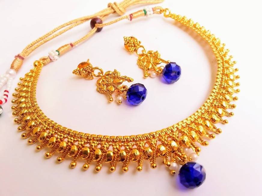 Pretty Metallic Necklace Set with Blue Drops | Grocsy