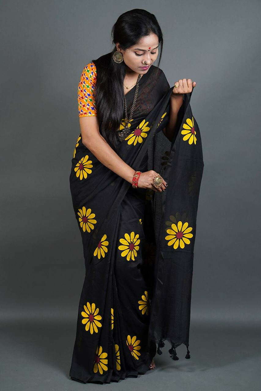 Exclusive Collection Black Pure Cotton Saree With Sunflower Design | Grocsy