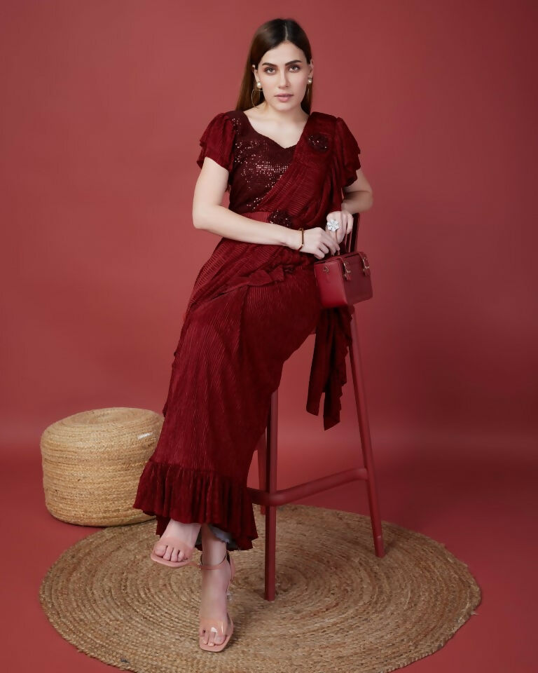 Maroon Imported Crush Solid Ready to Wear Saree with stitched Blouse - Aayan | Grocsy