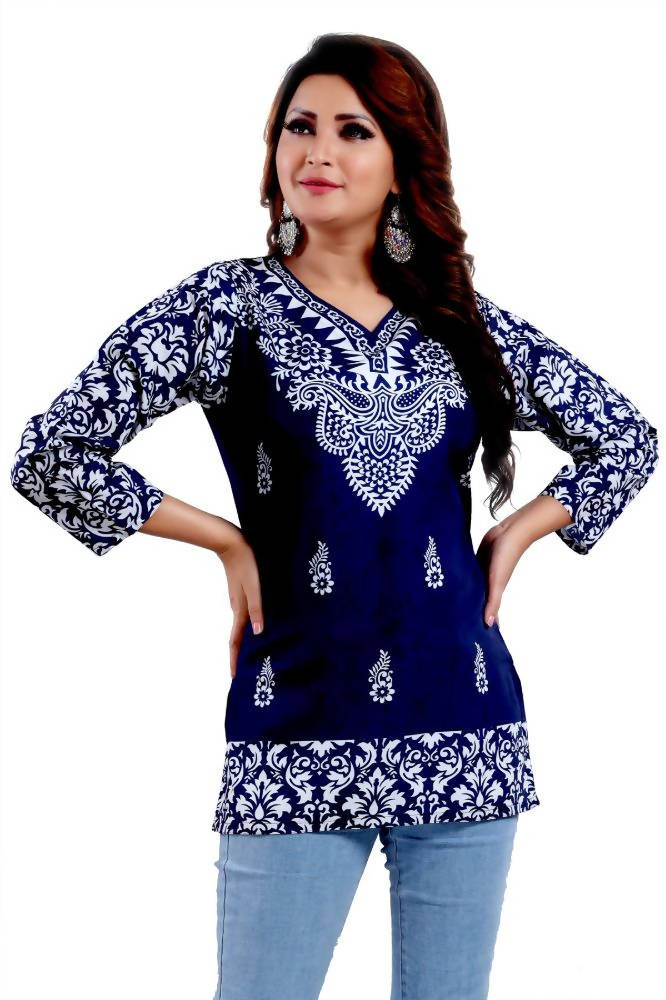 Snehal Creations Digital Print Faux Crepe Short Kurti Tunic | Grocsy