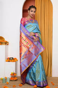 Very Much Indian Authentic Dual Tone Powder Blue Paithani | Grocsy