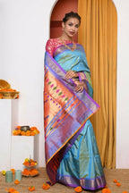 Very Much Indian Authentic Dual Tone Powder Blue Paithani | Grocsy