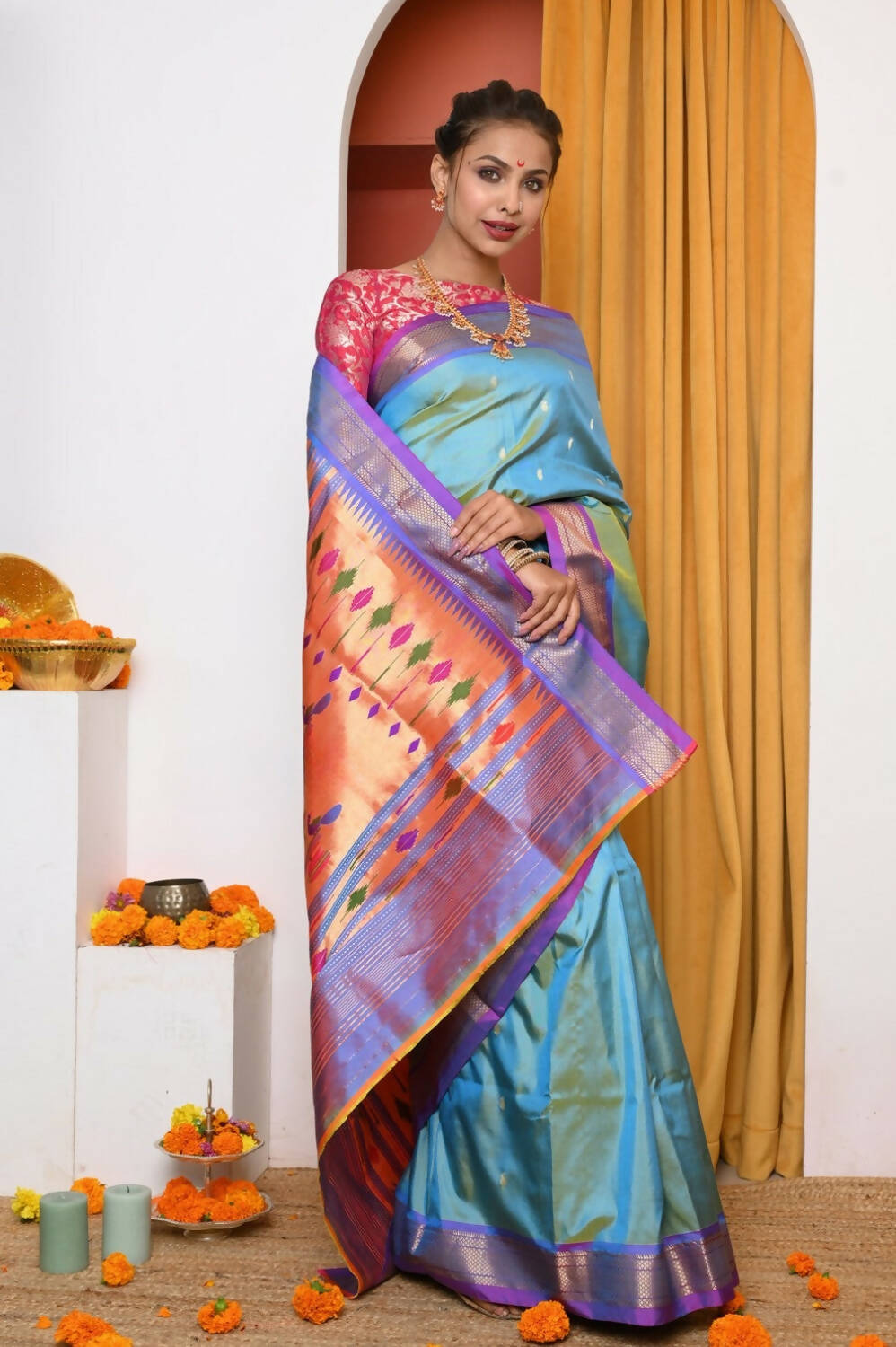 Very Much Indian Authentic Dual Tone Powder Blue Paithani | Grocsy