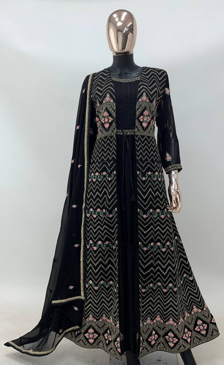 Lorenvalley Fashion Black Faux Georgette Embroidery Work Gown Jacket Stitched | Grocsy
