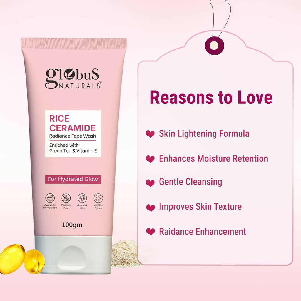 Globus Naturals Rice Ceramide Face Wash For Hydrated Glow, Enriched with Green Tea & Vitamin E | Grocsy